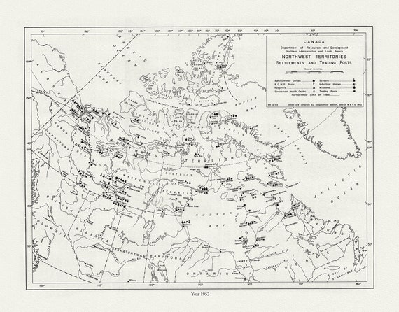 Northwest Territories ,Settlements and Trading Posts, 1952, map on durable cotton canvas, 50 x 70 cm, 20 x 25" approx.