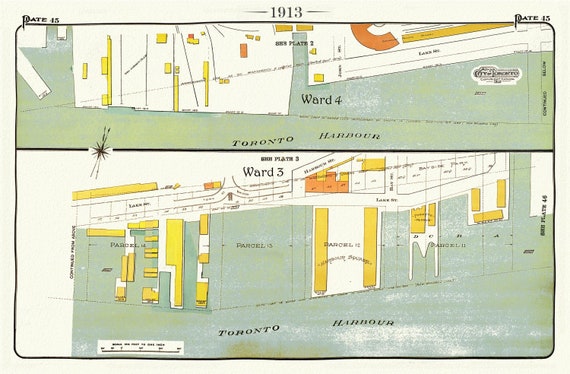 Plate 45, Toronto Downtown, Waterfront, 1913, map on heavy cotton canvas, 20 x 30" approx.