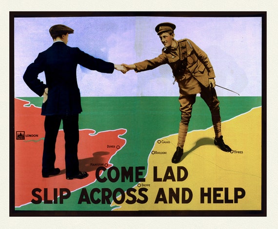 Come Lad Slip Across and Help!, vintage war poster on durable cotton canvas, 50 x 70 cm, 20 x 25" approx.