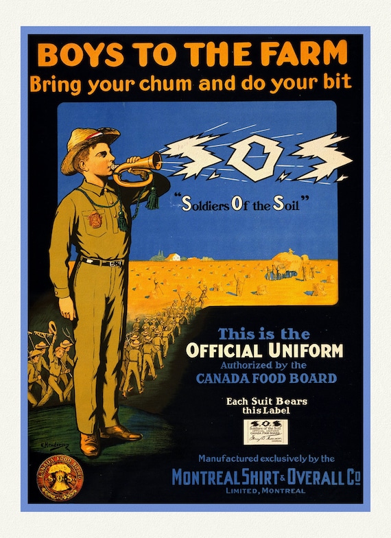 Boys to the Farm, Bring your Chums and do your bit, 1914, vintage war poster on durable cotton canvas, 50 x 70 cm, 20 x 25" approx.