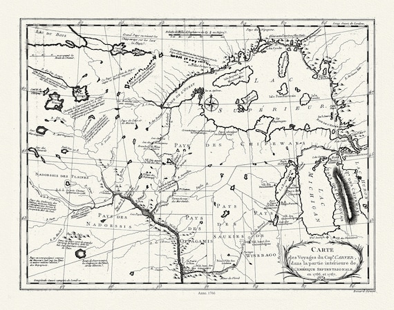Carte des voyages du Cape. Carver, dans la partie intérieure de l'Amérique septentrionale en 1766, et 1767., 50 x 70 cm, 20 x 25" approx.