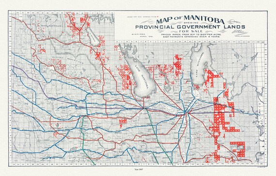 Manitoba shewing provincial government lands for sale, 1907 , map on durable cotton canvas, 50 x 70 cm, 20 x 25" approx.