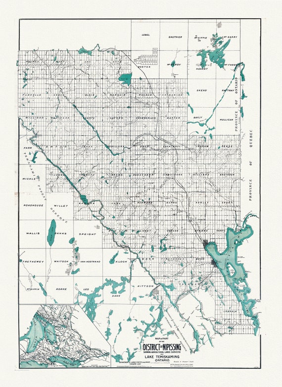 Map of part of the District of Nipissing showing Agricultural lands on Lake Temiskaming Ontario, 1907, map on canvas, 20 x 25" approx.