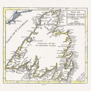 Isle de Terre-neuve, Vaugondy auth., 1749, Karte auf schwerer Baumwollleinwand, 45 x 65 cm, 18 x 24" ca.