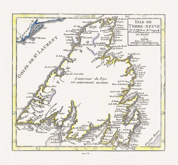 Isle de Terre-neuve, Vaugondy auth., 1749 , map on heavy cotton canvas, 45 x 65 cm, 18 x 24" approx.