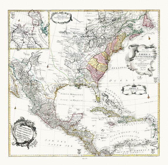 Euler, Sauerbrey et Rhode, Composite map Mappa geographica Americae Septentrionalis pars I-IV, 1753 , on heavy cotton canvas, 22x27" approx.