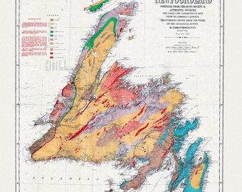 A Geological Map of Newfoundland, dated 1921, on heavy, clear coated, natural cotton canvas, approx. 20x24&quot;
