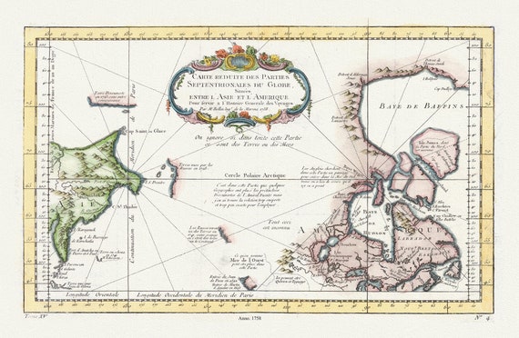 Carte reduite des parties septentrionales du globe,  generale des voyages, 1758, Bellin auth., map on heavy cotton canvas,20 x 25" approx.