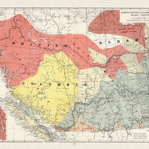 Canada Department of the Interior, Alberta, British Columbia and Yukon Railway Territories, 1915, on heavy cotton canvas, 22x27" approx.