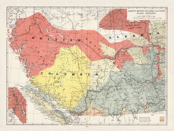 Canada Department of the Interior, Alberta, British Columbia and Yukon Railway Territories, 1915, on heavy cotton canvas, 22x27" approx.