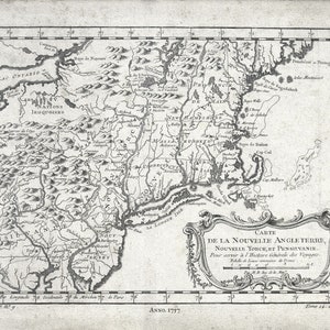 Nowa Anglia, 1757, autor: Bellin, mapa na grubym płótnie bawełnianym, 50 x 70 cm, ok. 20 x 25 cali.
