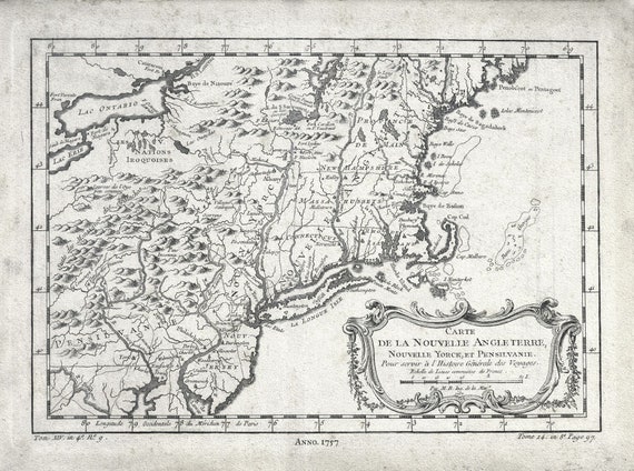 New England, 1757, Bellin auth. , map on heavy cotton canvas, 50 x 70cm, 20 x 25" approx.