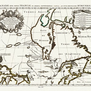 Jaillot, Le Canada ou Partie De La Nouvelle France Dans l'Amerique Septentrionale, 1696, mapa em tela de algodão grosso, 22x27" aprox.