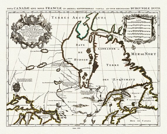 Jaillot, Le Canada ou Partie De La Nouvelle France Dans l'Amerique Septentrionale, 1696 , map on heavy cotton canvas, 22x27" approx.