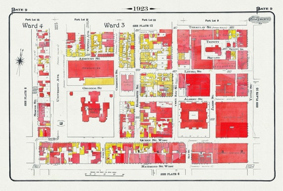 Plate 9, Toronto Downtown, City Hall, St. John's Ward, 1923, Map on heavy cotton canvas, 18x27in. approx.