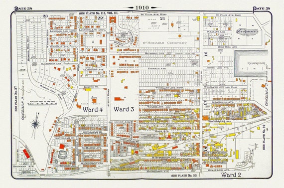 Plate 38, Toronto Uptown, Rosedale, Cottingham Ave. &  Forest Hill South, 1910 , map on heavy cotton canvas, 20 x 30" approx.
