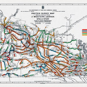 Map of Western Canada showing the protein content of red spring wheat, 1928, map on heavy cotton canvas, 22x27" approx.