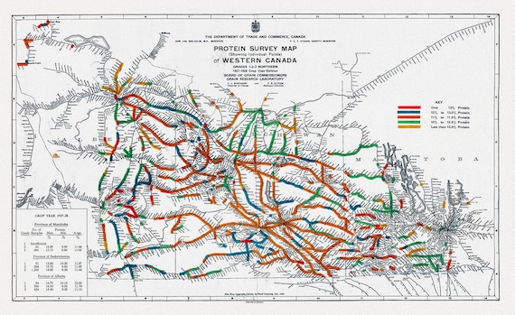 Map of Western Canada showing the protein content of red spring wheat, 1928, map on heavy cotton canvas, 22x27" approx.