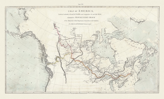 Mackenzie's Track, between latitudes 40 and 70 north, and longitudes 45 and 180 west, 1793 , map on canvas, 50 x 70 cm, 20 x 25" approx.