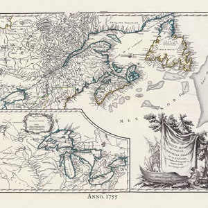 Kanada, Nouvelles France,1755, Vaugondy auth., Karte auf schwerer Baumwollleinwand, 50x70cm ca.