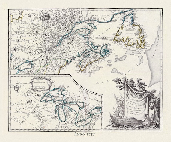 Canada, Nouvelles France,1755, Vaugondy auth., map on heavy cotton canvas, 50x70cm (20 x 25") approx.