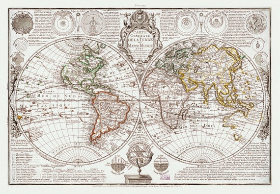 Danet, Carte Generale de la Terre, 1729, Map on heavy cotton canvas, 22x27in. approx.