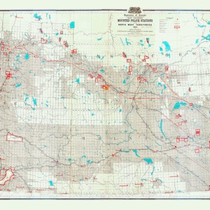 Karte mit montierten Polizeistationen in den Nordwest-Territorien, 1904, Karte auf schwerer Baumwollleinwand, ca.