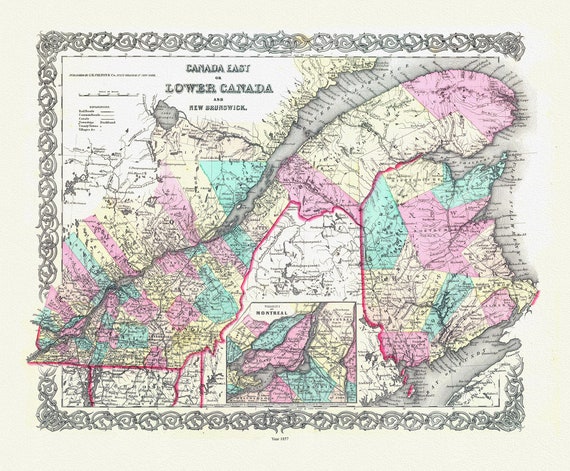 Lower Canada. 1857, map on durable cotton canvas, 50 x 70 cm, 20 x 25" approx.