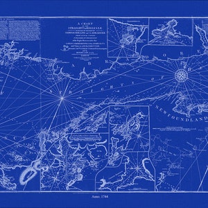 Uma carta do Estreito de Bell Isle com parte da costa de Newfoundland e Labradore, 1744, Cyanotype Ver. II, tela, 50 x 70 cm