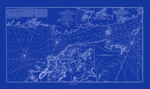 A chart of the Straights of Bell Isle with part of the coast of Newfoundland and Labradore, 1744, Cyanotype Ver. II,  canvas, 50 x 70 cm