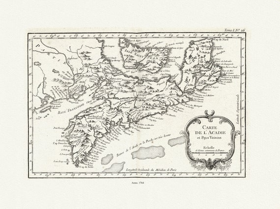 Bellin, Carte De L'Acadie et Pays Voisins, 1764 Ver. II , map on durable cotton canvas, 50 x 70 cm, 20 x 25" approx.