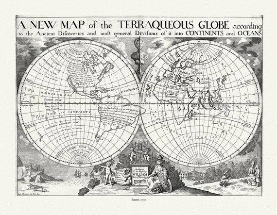Globe, Terraqueous, with Ancient Discoveries, 1700, Wells auth., map on durable cotton canvas, 50 x 70 cm, 20 x 25" approx.