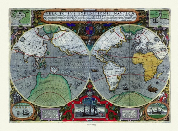 Hondius, Vera totius expeditionis nauticæ, descriptio D. Franc, 1595, Map on heavy cotton canvas, 22x27in. approx.