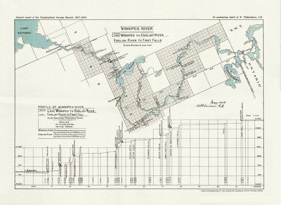 Winnipeg River from Lake Winnipeg to English River, English River to First Falls, 1908 , map on heavy cotton canvas, 22x27" approx.