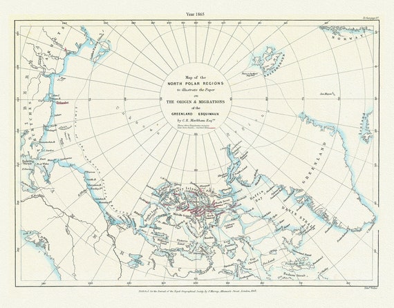 A Map of the north polar regions to illustrate the paper on the origin & migrations of the Greenland Esquimaux,1865