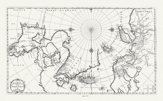 Carte du nord est & du nord west du Pole, 1735, Bernard auth., map on heavy cotton canvas, 50 x 70 cm, 20 x 25" approx.