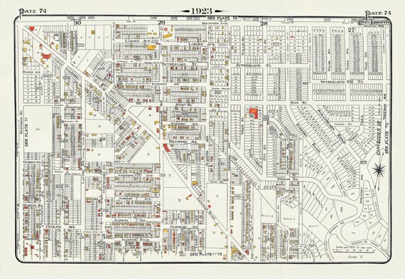 Plate 74, Toronto Uptown West, Vaughan Road to Eglinton, 1923, Map on heavy cotton canvas, 18x27in. approx.