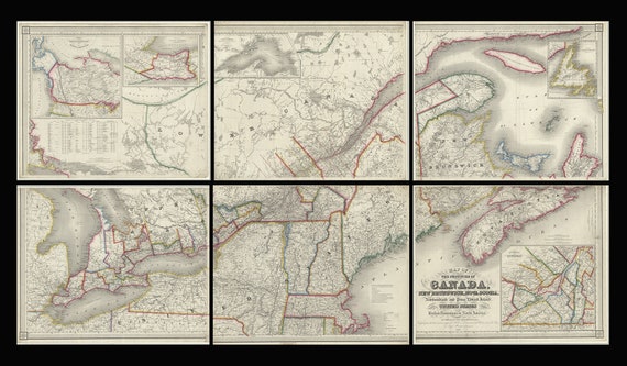 Map of the provinces of Canada, New Brunswick, Nova Scotia, Newfoundland and Prince Edward Island, a set of 6 highly detailed maps on canvas