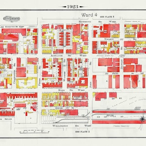 Plate 5, Toronto Downtown West, King & John Streets, 1923, Map on heavy cotton canvas,18x27in. approx.