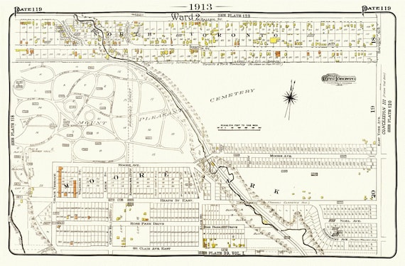 Plate 119, Toronto Uptown, Davisville, Mount. Pleasant Cemetery, 1913, map on heavy cotton canvas, 20 x 30" or 50 x 75cm. approx.