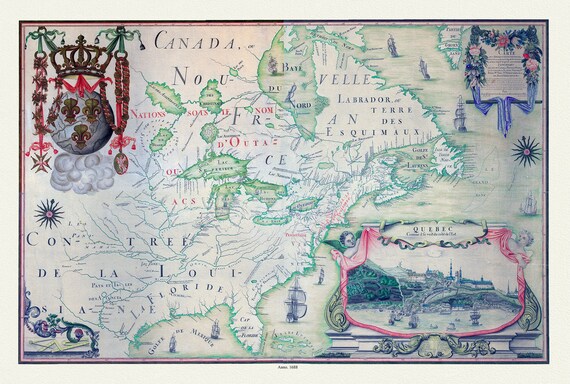 Franquelin-Carte de l'Amerique Septentrionnale, hydrographe du roy, à Québec en Canada, 1688, map on heavy cotton canvas, 20 x 25" approx.