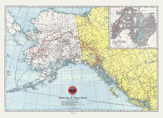 Map of White Pass & Yukon Route and connections, 1915  , map on durable cotton canvas, 50 x 70 cm, 20 x 25" approx.