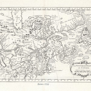 Canada, Nouvelle France, 1755, Jacques Nicolas Bellin, carte sur toile de coton lourde, 50x70cm (20 x 25 ») env.