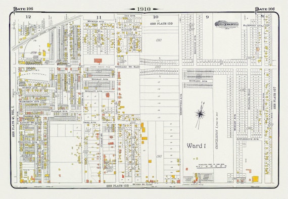 Plate 106, Toronto East, Leslieville and North, 1910 , map on heavy cotton canvas, 20 x 30" approx.