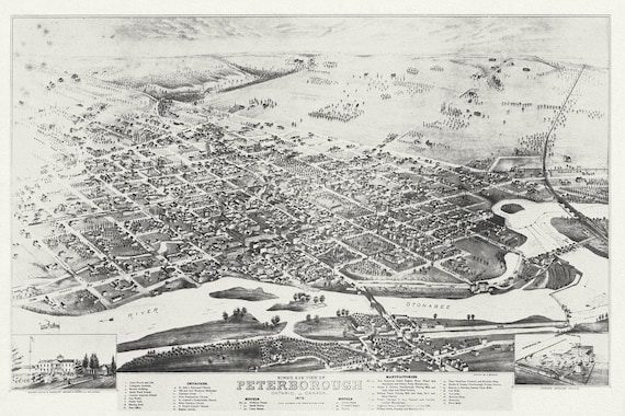 Bird's eye view of Peterborough, Ontario, Canada, 1875, map on durable cotton canvas, 50 x 70 cm, 20 x 25" approx.