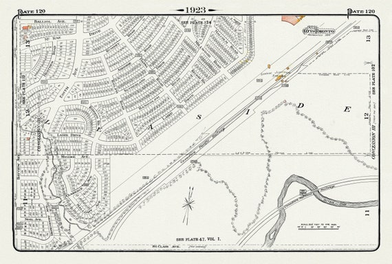 Plate 120, Toronto Uptown East, Leaside Station Junction, 1923, Map on heavy cotton canvas, 18x27in. approx.