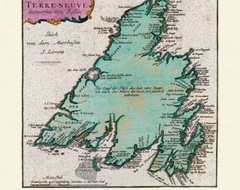 Map of Newfoundland, Canada, 1785, Authors Bellin et Raspe, on Heavy durable cotton canvas, approx. 20 x 24&quot;