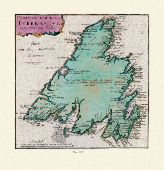 Map of Newfoundland, Canada, 1785, Authors Bellin et Raspe, on Heavy durable cotton canvas, approx. 20 x 24"