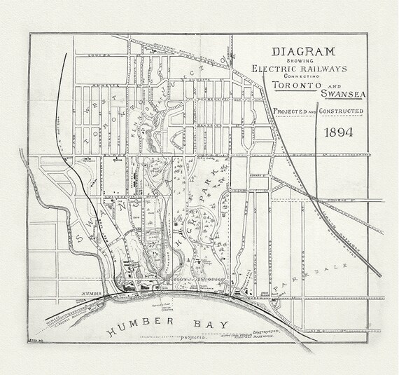 Toronto:  Diagram showing electric railways connecting Toronto and Swansea projected and constructed, 1894, map on canvas, 20 x 25" approx