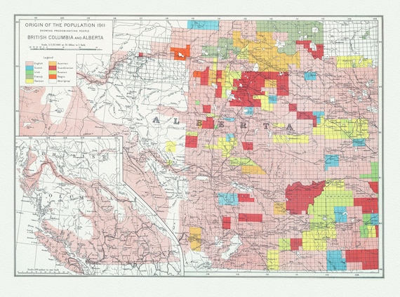 British Columbia and Alberta, Canada Department of the Interior et Chalifour-Origin of the population,1915 , map on cotton canvas, 20x27"